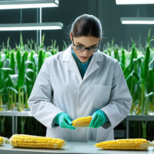 Home 11 **
A futuristic laboratory with scientists in lab coats examining corn stalks transforming into biodegradable plastic packaging, showcasing the fusion of nature and technology.
**