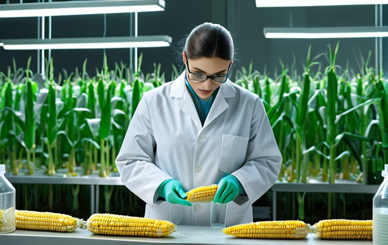 **
A futuristic laboratory with scientists in lab coats examining corn stalks transforming into biodegradable plastic packaging, showcasing the fusion of nature and technology.
**